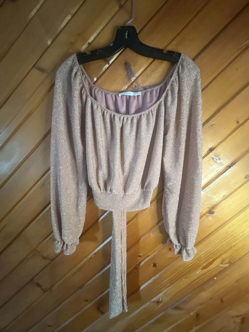 Lush Metallic Champagne Glitter Long Sleeve Crop Top with Tie Back